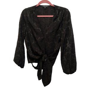 madewell black semi sheer tie front floral applique top M
